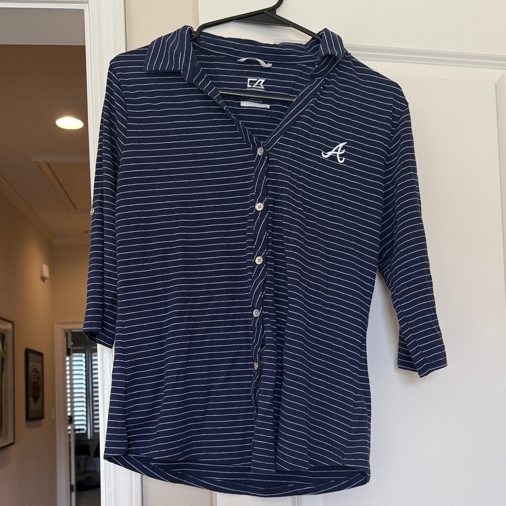 Atlanta Braves Cutter & Buck Navy Striped Button Down Shirt